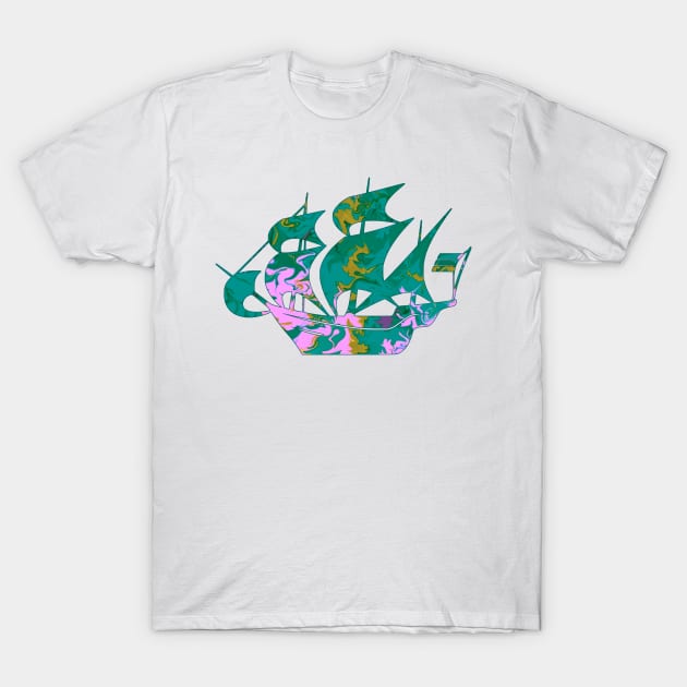 Galaxy Shores Refuge Liquid Art Sailing Ship Silhouette T-Shirt by Mazz M